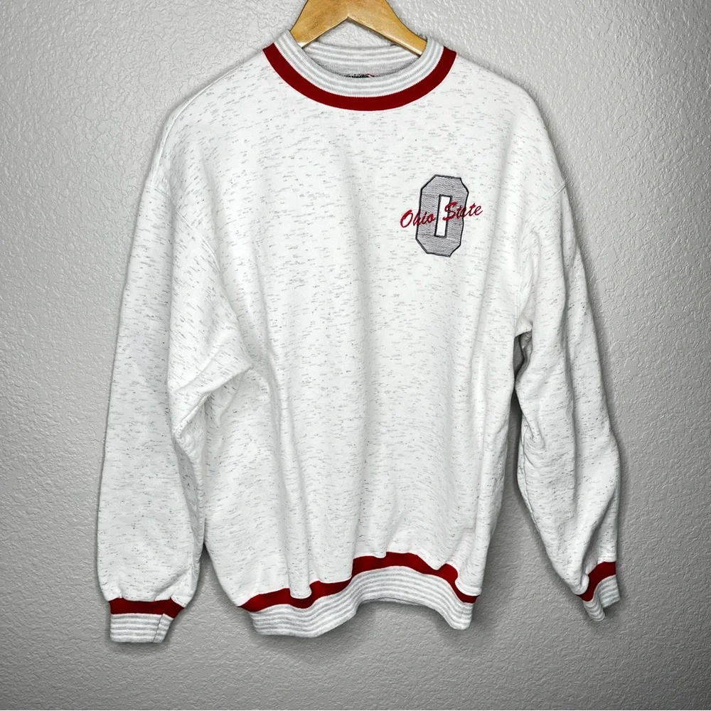 Vintage 90s Ohio State Buckeyes Crewneck Sweatshirt White Red Ringer Size Large‎